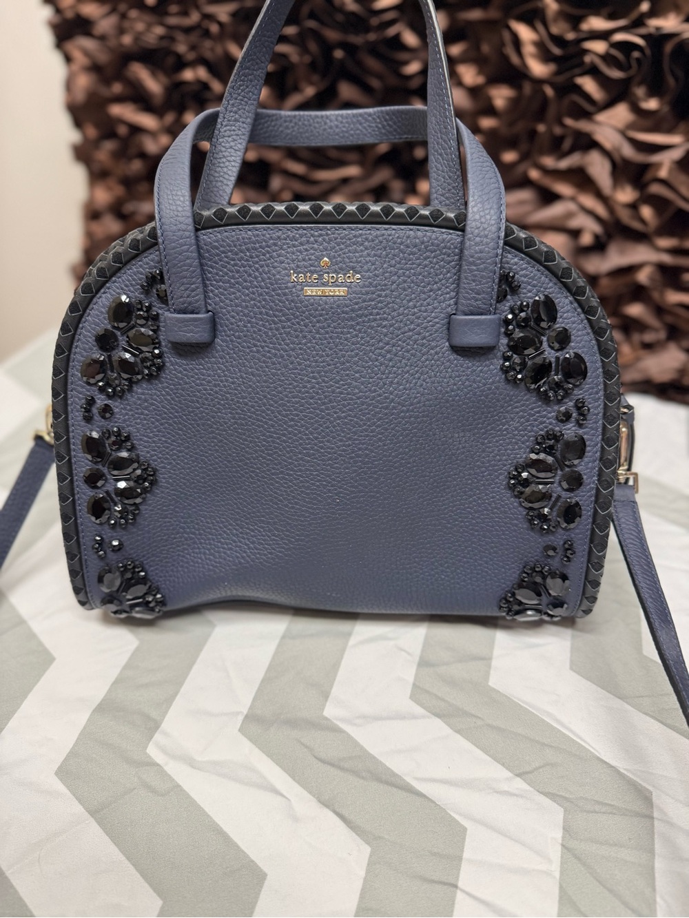 kate spade pebble leather satchel with black jeweled trim in slate blue